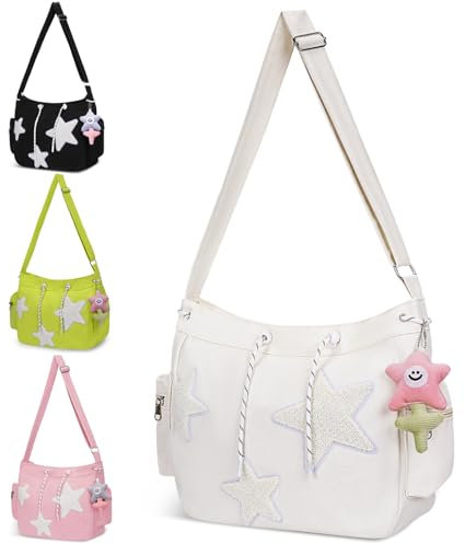 YILCER Süße Tragetasche für Damen, ästhetische Canvas-Umhängetasche, Y2k Star Hobo, Umhängetasche, Kawaii-Reißverschluss, Messenger Bag, Y2k