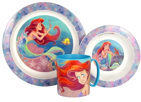 3 teiliges Kinder-Geschirrset Frühstücks-Set Essteller Müslischale Trinkbecher Kunststoff BPA-frei (Meerjungfrau)