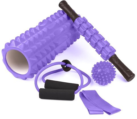 unycos - Faszienrolle【PP/EVA】| 5-in-1-Set, Muskelmassageroller/Foam Roller der 120 kg Trägt, Fitness-Widerstandsband, Massageball, Rehabilitationsstab, Formseil und Aufbewahrungstasche (Lila)