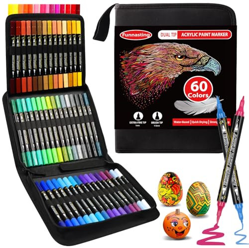 Funnasting Acrylic Paint Pens, 60 Colors Dual Tip Acrylic Paint Markers, Glass Paint Marker Pens with Brush Tip and Fine Tip, Rock Painting Pens for Easter Eggs, Stone, Wood, Canvas, Ceramic Surfaces
