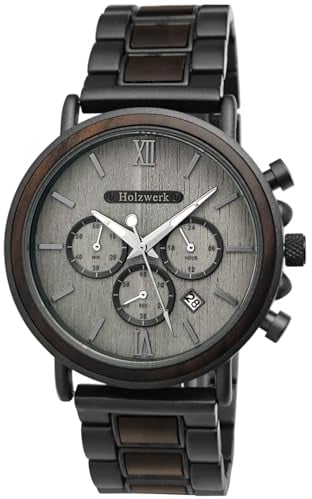 Holzwerk Germany Handgefertigte LAHNSTEIN Designer Herren-Uhr Öko Natur Holz-Uhr Chronograph Armband-Uhr Analog Quarz-Uhr Braun Schwarz Grau Römische Ziffern Datum Holz (HW.Braun.Schwarz)