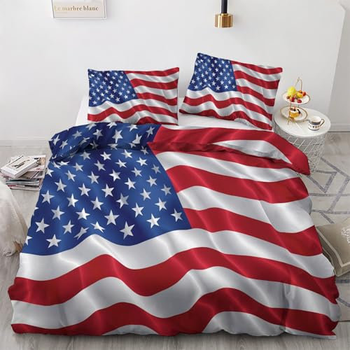Generisch Usa Flagge Deko - Winter Bettwäsche 155x220 Usa Flagge, Amerikanische Flagge Bettbezug 3teilig mit 2 Kissenbezug 80x80, Weiche Mikrofaser Winterbettwäsche mit Reißverschluss A-&202