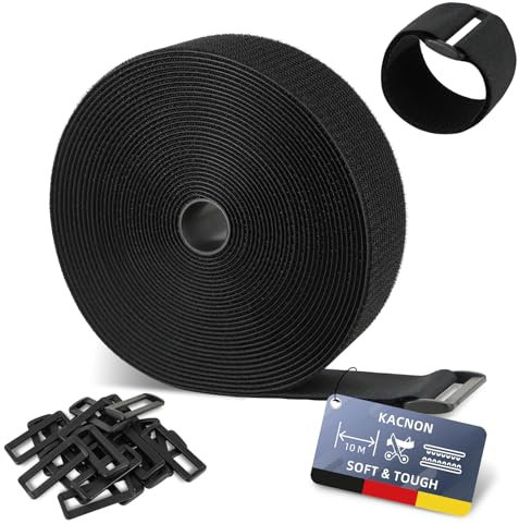 KACNON 10m x 5cm Klettband, Wiederverwendbar Klett Kabelbinder mit 20 Metallschnalle, Frei Zuschneidbar/Wiederverschließba, für Kabelmanagement,Gartenarbeit,Werkstätten,Schwarz