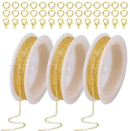Prasacco 3 Rollen Gliederkette, Edelstahl DIY Link Kette Goldene Metall Kettenhalskette mit 60 Karabinerverschlüsse und 60 Sprung Ringe für DIY Halsketten, Ohrringe, Armbänder, Schmuck - 5 Meter/Rolle