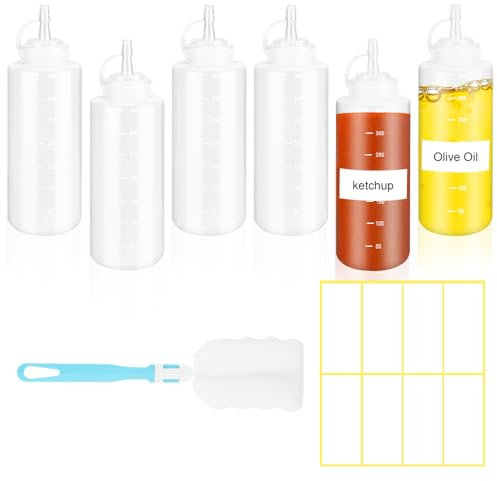 HMIEPRS 6 Pcs Sauce Bottles, 360ML/12oz Refillable Food Grade Squeezy Sauce Bottles with Cap, Squeeze Condiment Bottle with Cleaning Brush Sticker for BBQ Ketchup Mustard Oil Salad Dressing