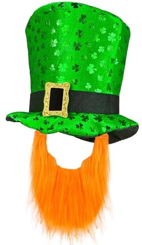 W WIDMANN MILANO Party Fashion - St. Patricks Day Zylinder mit Bart, grün mit Kleeblättern, Kobold Verkleidung