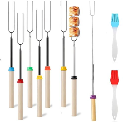 Grillspieße Edelstahl,8 Stück Teleskop Grillspieße,Extendable 31-81 cm,Barbecue Skewers,Grillspieße Teleskop Marshmallow, Spieße Ausziehbar, Lagerfeuerspieße mit Holzgriff,Roasting Sticks Grillbesteck
