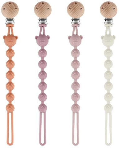 DOUUCO 4er Pack Schnullerkette Silikon, Baby Schnullerkette Clip, BPA frei Sicherheitsgurte für Spielzeug, Stillkette Mädchen, Stillkette Junge und Beißringspielzeug für Baby (Rot/Grau/Orange/Lila)