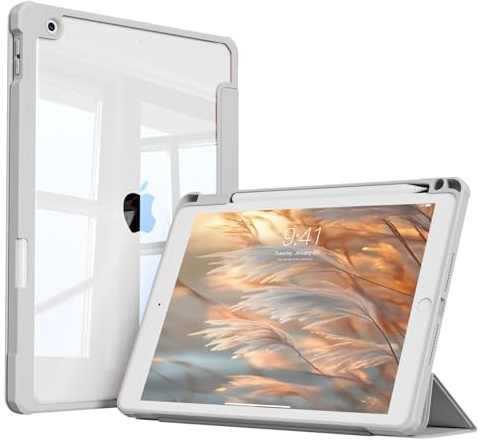 KVTVOU Case for iPad 9th / 8th / 7th Generation 10.2 Inch (2021/2020/2019) with Pencil Holder, Clear Hard Back & Soft TPU Frame, Shockproof Slim Case for iPad 9/8/7, Auto Wake/Sleep, Gray