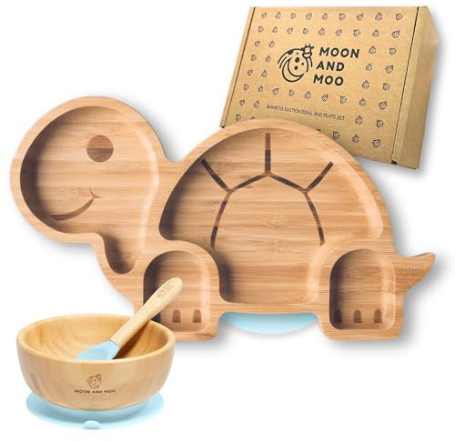 Moon and Moo Set aus Bambus-Schildkröten-Teller und Schüssel mit Saugnapf, perfektes Baby-Geschenk, umweltfreundliches Entwöhnungsset mit leistungsstarkem Silikon-Saugnapf, geteilter Portionsteller