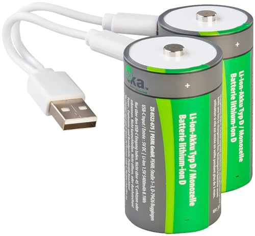 tka Köbele Akkutechnik Akku Typ D: 2er-Set Li-Ion-Akkus Typ D mit USB-C, 5.400 mAh, 8.100 mWh, 1,5 V (Monozellen, USB, LR20)