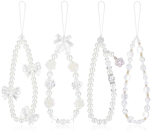 4 Pack Beaded Phone Bracelet Strap Crystal Butterfly Flower Pearl Charms Strap Colorful Acrylic Beads Charm Wrist Strap Handmade Mobile Phone Chain for Women Anti-Lost Lanyard