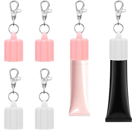 BOXOB 4pcs Lip Gloss Cap Holder Keychain, Vertical Grain Surface Lip Balm Keychain Portable Lipgloss Cap with Key Ring for 0.59in Diameter Lipgloss (White & Pink)
