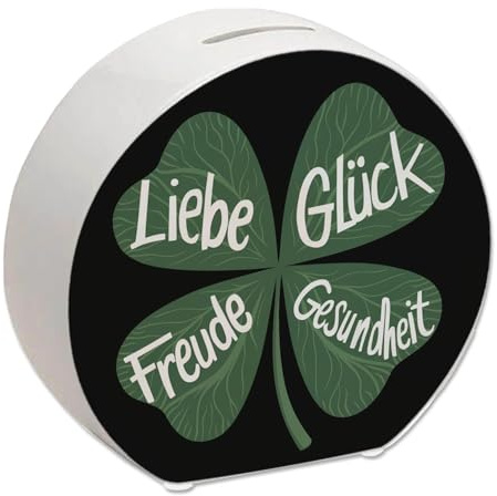 Kleeblatt Spardose mit Guten Wünschen Lustiges Sparschwein für Glücksmomente schöner Spruch Motivation Schule Arbeit