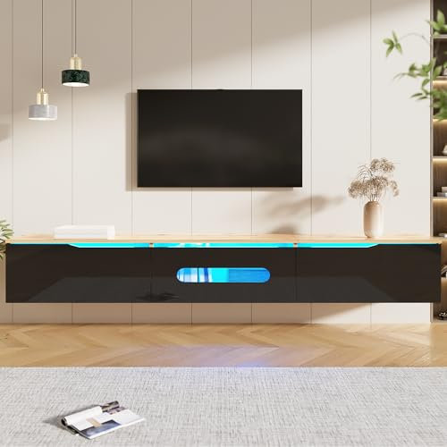 BTM Meuble TV 180 Suspendu ou Sol, LED Meuble Télé avec Rangement, Porte Pliante Haute Brillance, Mural Moderne Banc TV pour Salon, Charge 50kg, Noir & Bois