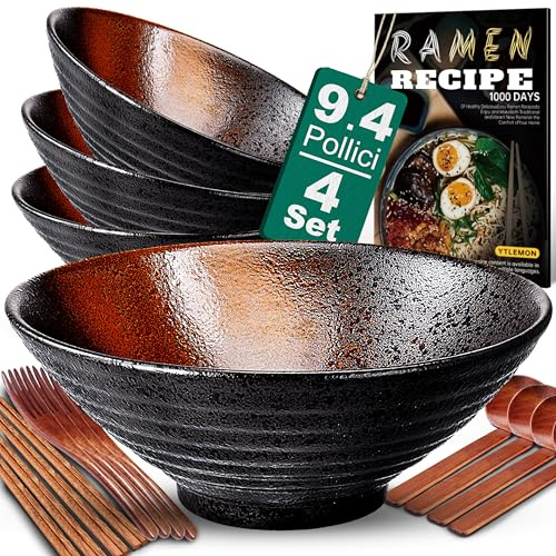 9.4Zoll Keramik Ramen Schüssel 4 Set(17Teilig) - Japanisches Porzellan Geschirr mit Gabel Essstäbchen Löffel und Rezepte Spülmaschinenfest für Nudeln Suppen Getreide Salate Geschenke für neuen Häusern