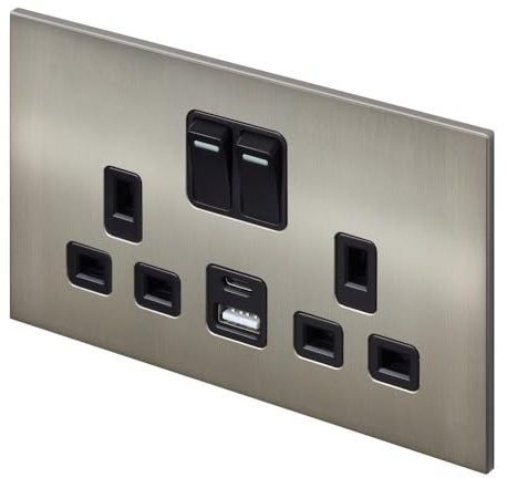Retrotouch Aura Socket 13A Double DP Switched USB - Brushed Nickel