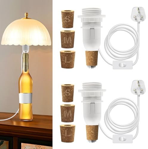 LQUNFYL 2 Packs E14 Bottle Lamp Kit, 240CM Cable, Bottle Light Adaptor Kit with 3 Sizes of Stoppers, Lamp Kits Do It Yourself, Table Lamp Fittings, DIY Lamps Making Kits for Various Bottles, White