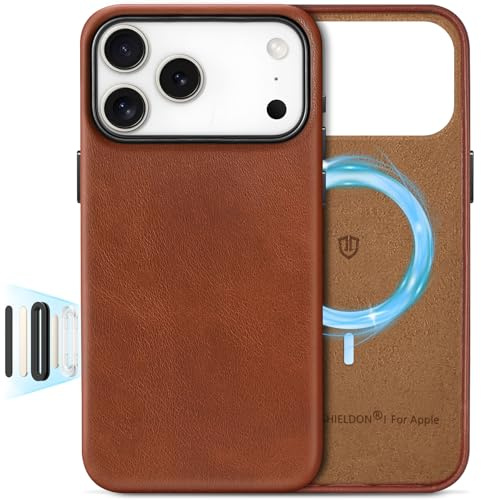 SHIELDON Genuine Leather Case for iPhone 17 Pro Max 6.9-inch, Magnetic Wireless Charging, Compatible with MagSafe, Updated Camera Button, Anti-Slip, Shock-Absorbent, Slim Fit Cover - Retro Brown