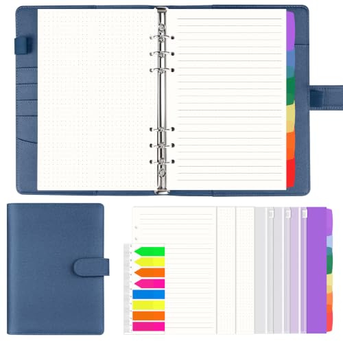 AKONEGE A5 Ringbuch, 6-Ring Ringbuch A5 nachfüllbar, mit 135 Blatt Nachfüllpapier, 3 Bindertaschen, 6 Registerkarten, Haftmarkern, Binder Planer-Organizer für Reisen, Arbeit und Schule, Blauglitzer