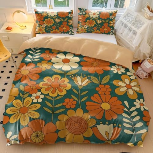 1970er-Jahre-Bettwäsche-Set mit Blumenmuster, Retro, groovig, Boho-Stil, weiche Baumwolle für Schlafzimmerdekoration (03, Einzelbett 135 x 200 cm + 65 x 65 cm x 2)