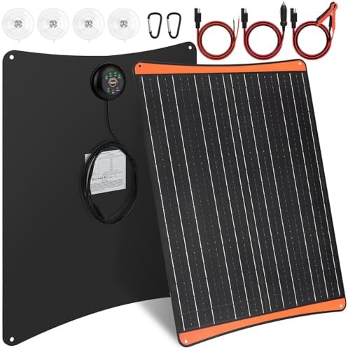 【50W Cargador Batería Solar Coche 12V】DERUXI 50W Panel Solar Portátil,Cargador Bateria, Fuente Alimentación de Emergencia Placa Solar 12V Adaptadores Adecuado SAE Cable para RV Automóviles Moto Barcos