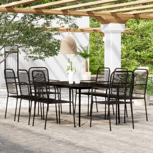 QJBSAVVA 9-TLG. Garten-Essgruppe Schwarz 200 x 100 cm Esstisch aus Stahl und Hartglas mit 8 Baumwollseil Stühlen Modernes Design Robust und Langlebig für Balkon Terrasse und Küche