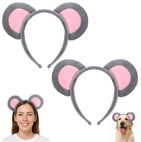 Ouligay 2 Stück Maus Ohren Stirnband Grau Mausohren Haarreifen Mouse Ears Stirnbänder, Tier-Kostüm Accessoire für Erwachsener Mäuschen Haarreif für Cosplay, Mottopartys & Halloween