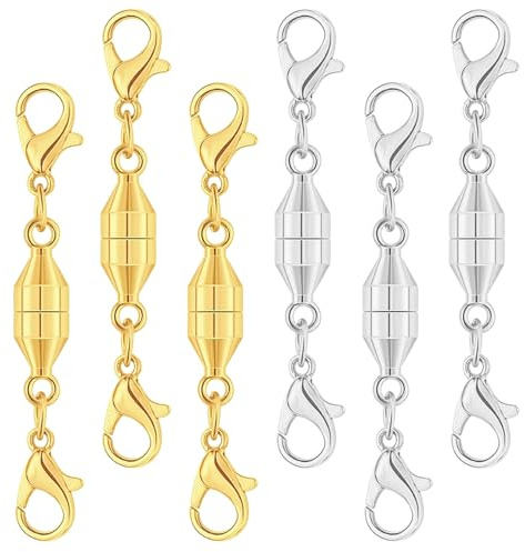 6er-Pack Magnetische Halskettenverschlüsse, Schmuckverlängerungen mit doppeltem Karabinerverschluss für Halsketten, Armbänder und Fußkettchen (Silber, Gold)