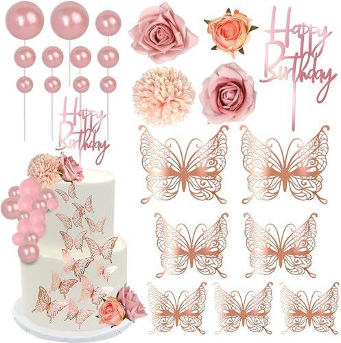 SYKYCTCY 47 Pack Flowers Butterfly Cake Decoration Happy Birthday Rose Gold Balls Cake Decorations Artificial Flowers Butterfly Balls for Wedding Baby Shower Birthday Party Supplies