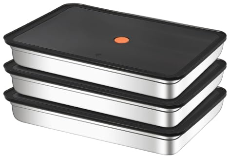 3 Pcs Large Stainless Steel Food Containers with Lids, 2800ml Rectangle Food Storage Box Bulk, Stackable Meal Prep Container for Kitchen Restaurant Snack Buffet Fruits, Oven Freezer Safe, 33x23x5cm