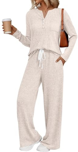LILLUSORY Women 2 Piece Lounge Wear Sets UK Co Ord Tracksuits | Matching Pjs, Cotton Pajamas with Texture, Airport Travel Outfits, Fall Autumn Holiday Clothes, Capsule Wardrobe Clothing