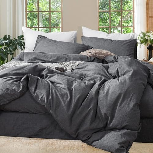 MOOMEE Bettwäsche-Set, 100% Gewaschene Baumwolle, Leinenähnlich, strukturiert, atmungsaktiv, langlebig, weich, bequem (dunkelgrau, Queen-Size)