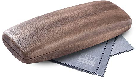 FEFI Hardcase Brillenetui in neuer Holz-Optik - Mit Metallscharnier - Inklusive hochwertigem Brillenputztuch/Mikrofasertuch (Hellbraun)