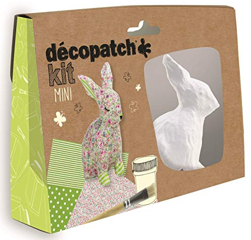 Décopatch KIT020C - Un mini-kit comprenant un animal en papier pulpé blanc, 2 feuilles Décopatch, un pinceau et un pot de vernis colle, Lapin