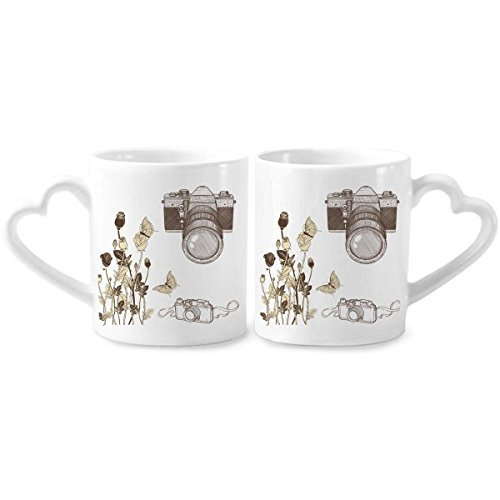 DIYthinker Kamera Rose Schmetterling Nizza Art Paar Tassen Keramik-Liebhaber Becher Herz Griff 12 Unzen Geschenk Mehrfarbig