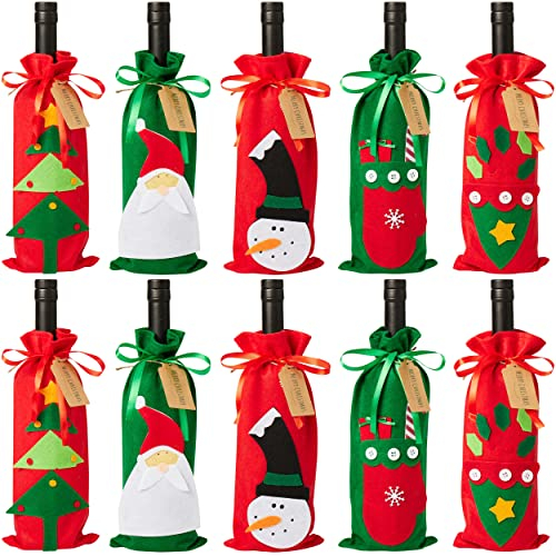 The TWIDDLERS - 10 weihnachtliche Weintüten, Flaschenhüllen mit Kordelzug und Geschenkanhänger, Wiederverwendbare Weihnachtstüten Xmas Party Bag Decorations - 5 Verschiedene Designs
