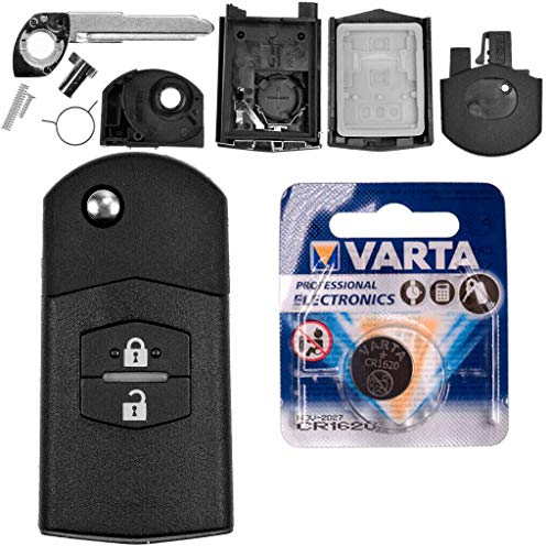 Autoschlüssel Funk Fernbedienung Austausch Gehäuse mit 2 Tasten + Rohling + Batterie kompatibel mit Mazda 5 CW 2 DE 3 BK 6 SW BT-50 CX-9 CX-7 A