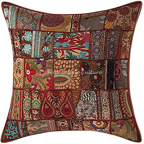 Stylo Culture Indische Dekorativ Baumwolle Couch Kissenbezüge 60x60 cm Braun Dekokissen Vintage Patchwork Schlafzimmer Sofa kopfkissenbezug Abstrakt Quadrat Umschlagverschluss Kissenhullen - 1 STK.