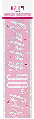 Unique 83499 Pink Happy 90th Birthday Foil Banner-9' Silver | 1 Pc, Age 90