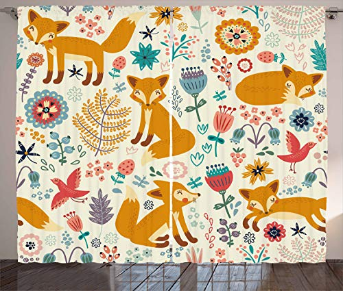 ABAKUHAUS Fuchs Rustikaler Vorhang, Füchse Aufwändige Blumen Vögel, Wohnzimmer Universalband Gardinen mit Schlaufen und Haken, 280 x 175 cm, Mehrfarbig Kamel