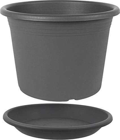 MePla - Blumentopf Pflanzkübel Cylindro ø35 cm + Untersetzer ø34 cm, Anthrazit, wetterfest aus UV-beständigem Kunststoff
