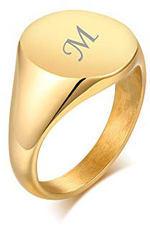 PJ JEWELLERY Unisex personalisierte Edelstahl Paar erste runde Siget Ring Ehering 18 Karat vergoldet benutzerdefinierte Siegel Ring für Frauen 54 (17.2)