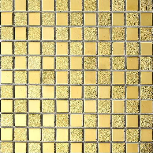 Hominter Gold Mosaic Ceramic Tile Square Porcelain Glossy Textured Design for Backsplash in Kitchen & Bathroom, Shower Floor and Wall Tiles, Accent Walls (10 Square Feet)