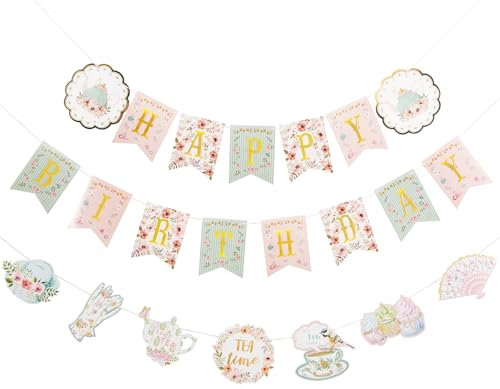 SUNBEAUTY Tea Party Birthday Banner Girls Vintage Bunting Happy Birthday Hanging Banner Spring Summer Floral Tea Garland for Girls Women Birthdays Baby Shower Wildflower Tea Party Decorations
