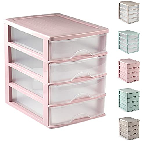 Plastic Desktop Storage Unit with Drawers, Stationary Arts Drawer Desktop Tabletop Organiser Storage Tower Unit for Office Bedroom Garage ((35.5 x 27 x 35cm, Pink with 4 Clear Drawers))