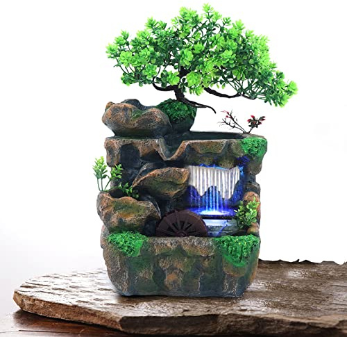 Fuente de habitación, cascada, humidificador, fuente de mesa, fuente de agua con cambio de color, iluminación LED, Zen meditación, cascada para el hogar, la oficina