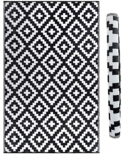 GBS Lightweight Reversible Portable Rug - Modern Stain Water Resistant Non Fading Plastic Mat - Perfect For Summer Garden Patio Picnic Deck Beach - Indoor/Outdoor (Black, 120 x 180 cm)
