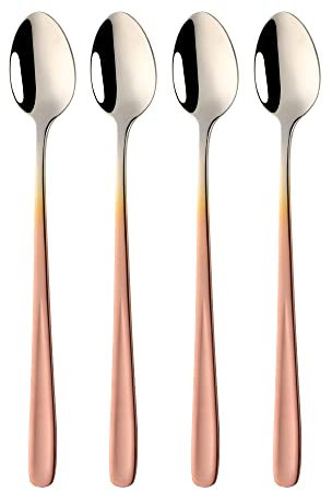 BISDARUN 18/10 Stainless Steel Latte Spoons Gradient Rose Gold Ice Cream Teaspoons 4 Pieces Long Handle Ice Cream Cup Spoons for Hot Chocolate Hot Drink Dishwasher Safe