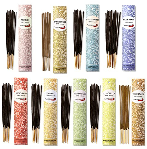 9 Düfte Packung AUROSHIKHA Indische Räucherstäbchen 100% natürlich ohne Chemie aus hochwertigen Ölen und Holz-Pulver Traditionelles Indisches Räucherwerk für Meditation, Raumreinigung, Entspannung